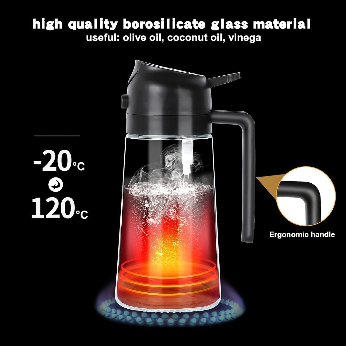 Olive Oil Sprayer for Cooking, 470ml 2 In 1 Glass Oil Dispenser/Pour Bottle, Kitchen Accessories, Kitchen Gadgets for Airs Fryer, Salad, BBQ (Black), Clears