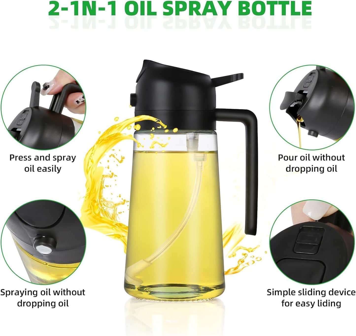 Olive Oil Sprayer for Cooking, 470ml 2 In 1 Glass Oil Dispenser/Pour Bottle, Kitchen Accessories, Kitchen Gadgets for Airs Fryer, Salad, BBQ (Black), Clears