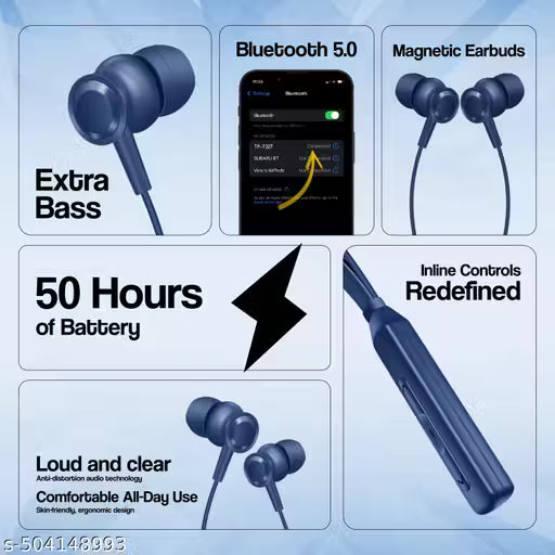 TP Troops Wireless in-Ear Neckband Bluetooth Earphones with 10mm Drivers, Rich Music Experience, 50 Hours Playtime, Type C Fast Charging, Neckband Earphones with Voice Assistant-Blue