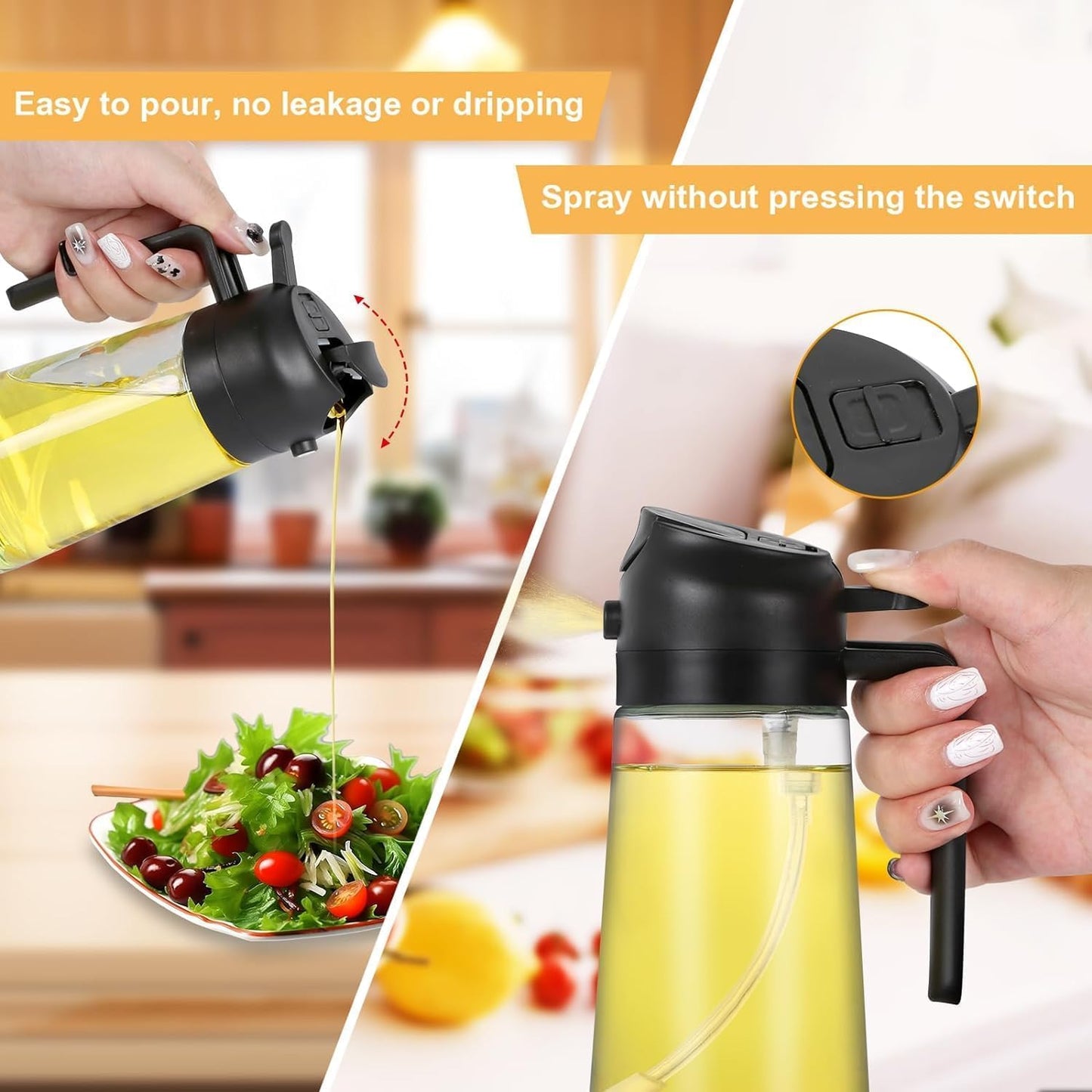 Olive Oil Sprayer for Cooking, 470ml 2 In 1 Glass Oil Dispenser/Pour Bottle, Kitchen Accessories, Kitchen Gadgets for Airs Fryer, Salad, BBQ (Black), Clears