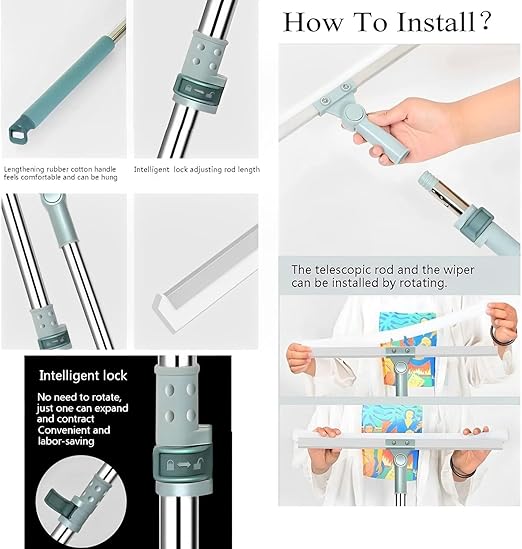 Multifunctional Magic Broom Floor Squeegee with Long Handle Adjustable and Strips, Floor Washer with 180 Degree Rotating Squeegee Broom for Cleaning (Wiper)