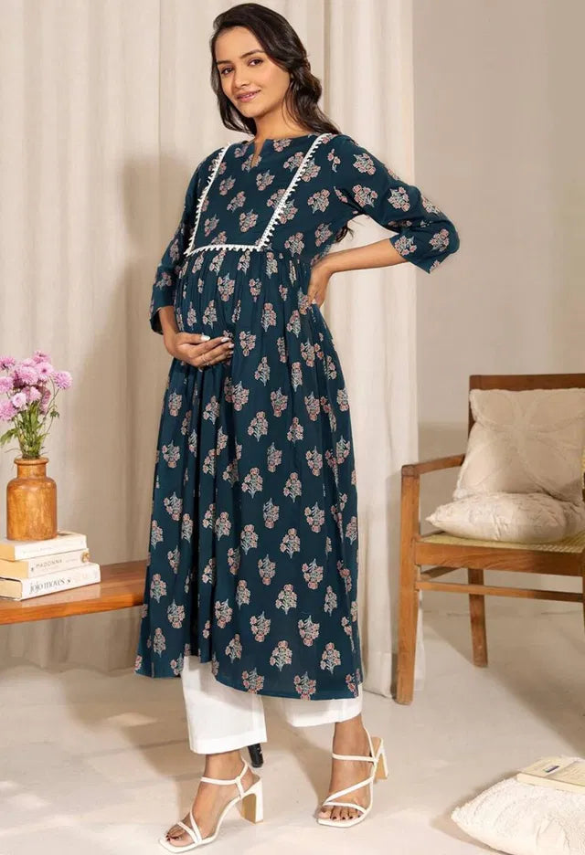 Floral Printed Notch Neck A-Line Maternity Kurta - Kreeam India