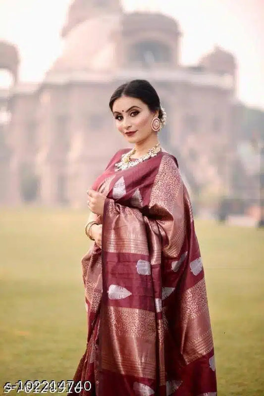 Art Silk Saree With Blouse For Women (Dark Red, 6.3M) - Kreeam India