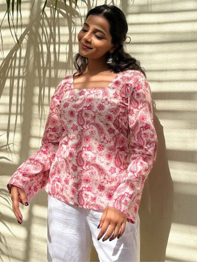 Women's Printed Straight Sleeveless Square Neck Flared Short Kurti for Women & Girls – Pink & White Designer Kurti - Kreeam India