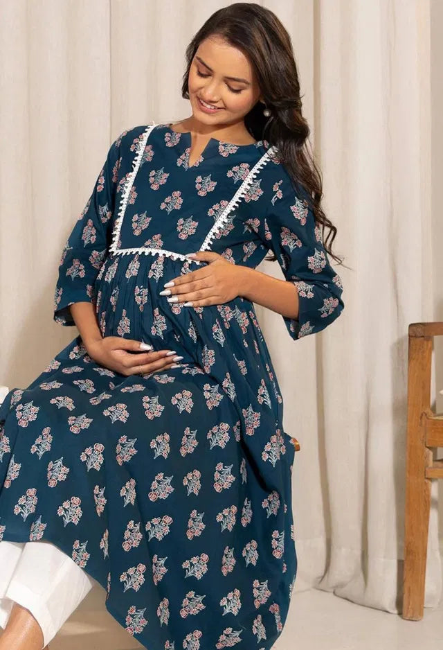Floral Printed Notch Neck A-Line Maternity Kurta - Kreeam India
