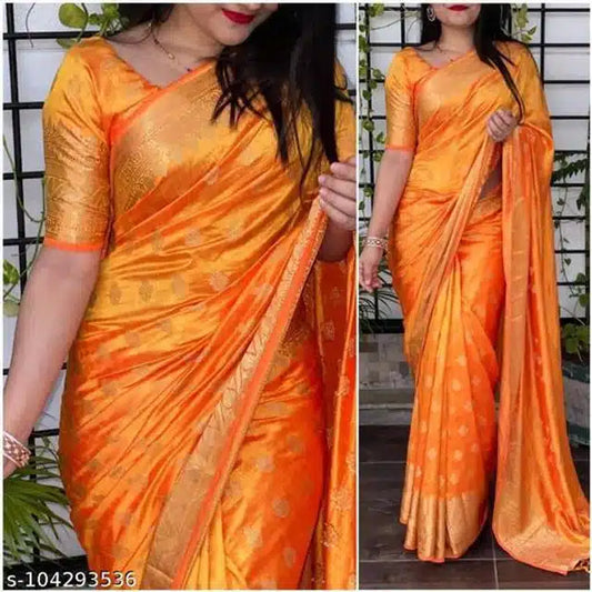 Banarasi Silk Saree With Blouse For Women (Orange, 6.3M) - Kreeam India