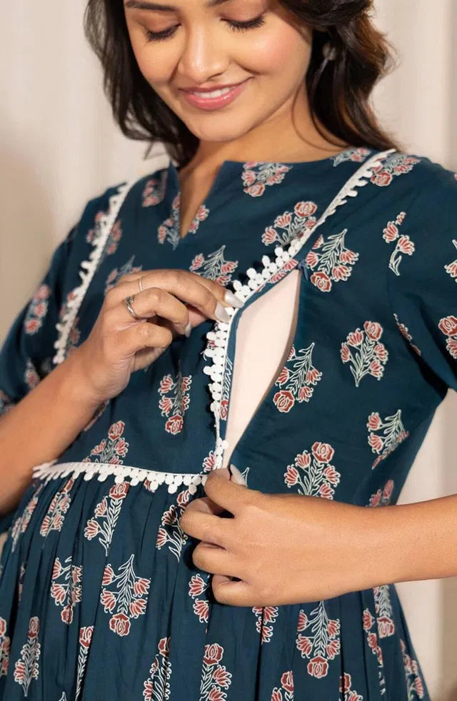 Floral Printed Notch Neck A-Line Maternity Kurta - Kreeam India